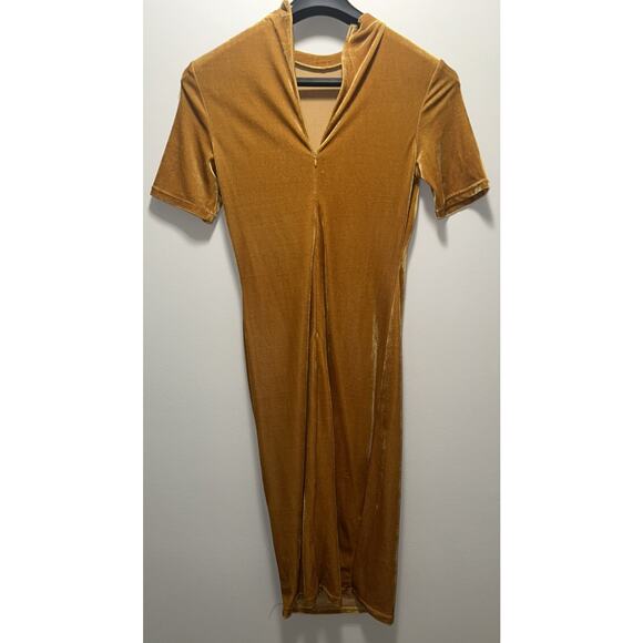 Shein Women’s Large Gold Velvet Bodycon Midi Dress Short Sleeve Stretch Back Zip - Picture 1 of 8